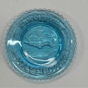 Mosser Glass Blue Plymouth Mayflower Cup Plate Pilgrims Butter Pat Blue Glass